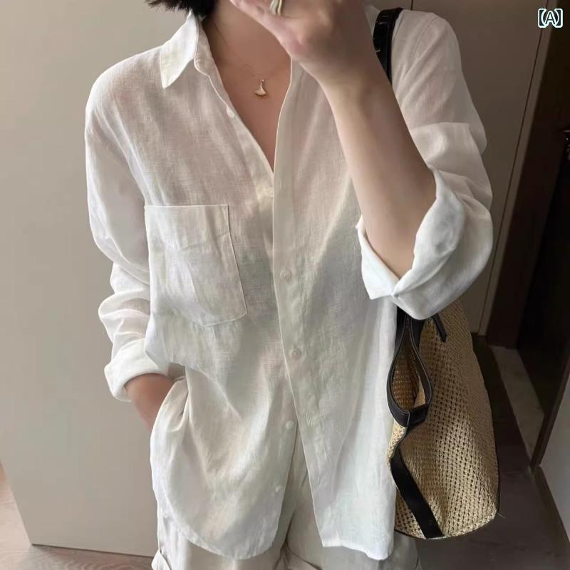 長袖 ブラウス シャツ レディース ホワイトリネンの オールド マネー スタイル シャツ レディース 夏 薄手 ゆったり スリム 高級 コットンリネン 長袖 日焼け防止 トップス