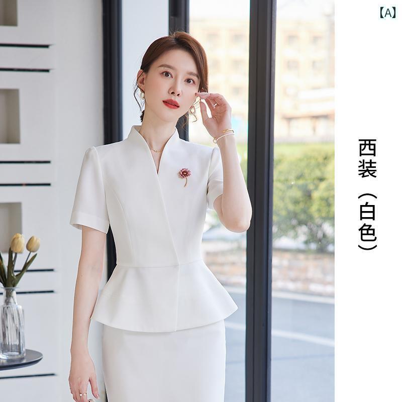 ユニフォーム エステ 事務服 ファッション プロ レディース スカート スーツ 2024夏 美容 サロン フロント デスク 医療 作業着 ホワイト