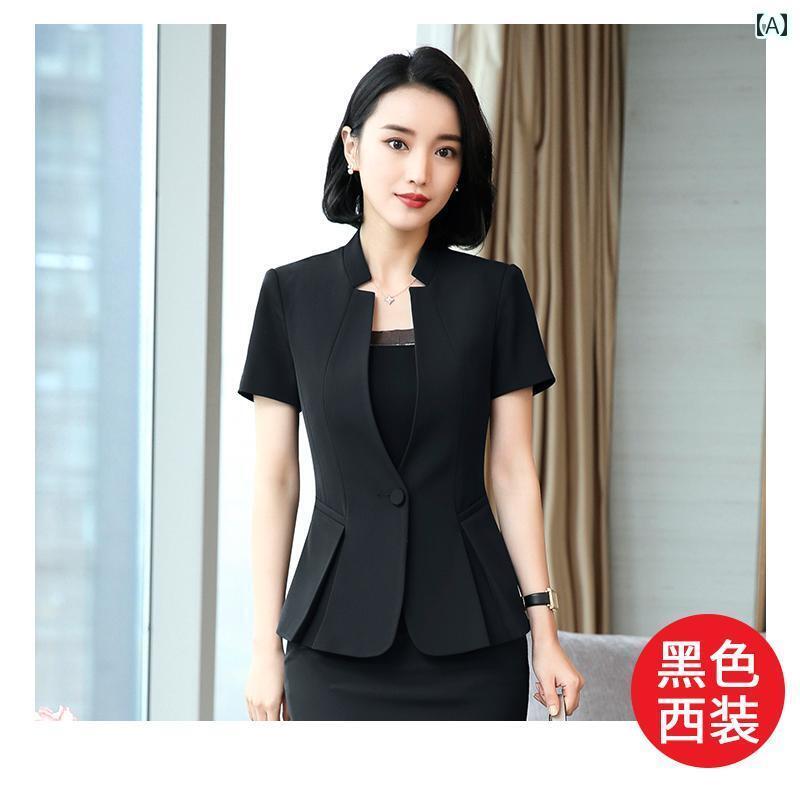 ユニフォーム エステ 事務服 夏の プロ スーツ 女性用 ファッション スタンドカラー 半袖 ブラック フォーマル ホテル 美容院 作業着 ユニフォーム