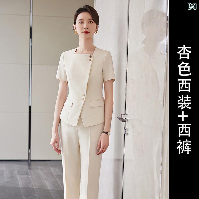 制服 エステ 事務服 Shiluya 2024夏 アプリコットカラーの 労働者階級 背広 レディース 半袖 薄っぺら 旅人宿 美容院 やり方着