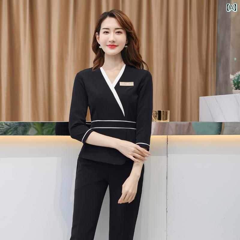 ユニフォーム エステ 事務服 秋冬 高級 美容 サロン スキン マネジメント 足 湯 SPA マッサージ 美容師 作業着 女性 スーツ