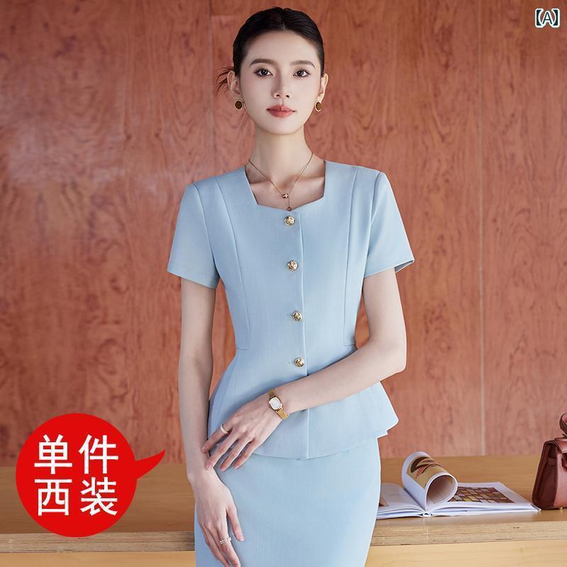 ユニフォーム エステ 事務服 夏の 女性用 高級 半袖 スーツ ホテルの フロント デスクの 受付 プロの 服装 宝石 店 美容院の 仕事 着