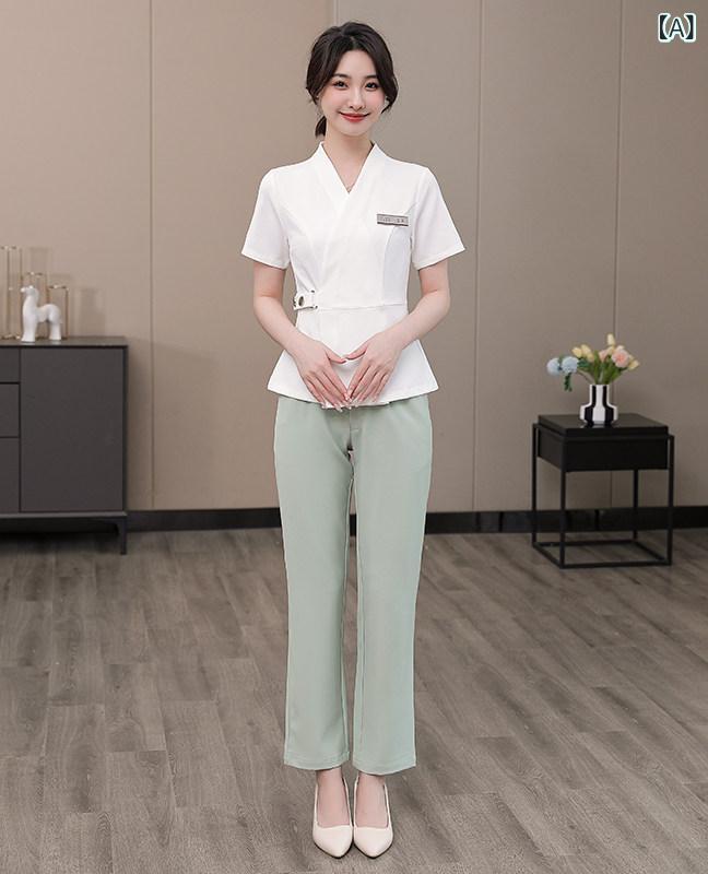 レディース 事務服 制服 韓国 美容師 やり方着 お上さん 具合い野球クラブ 素はだ 保護すること 美容院 夏 薄っぺら 半袖 背広 刺しゅう ロゴタイプ