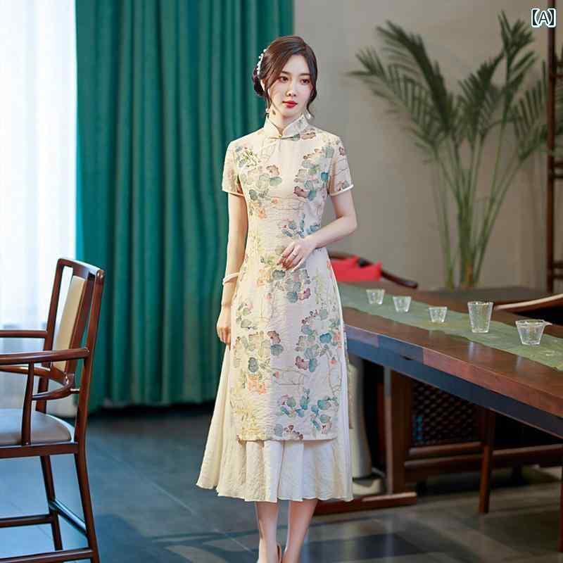 アオザイ ドレス ベトナム アオザイ ロング チャイナ ドレス チャイナ風 夏 レトロ ラミー マザー スリム 女性