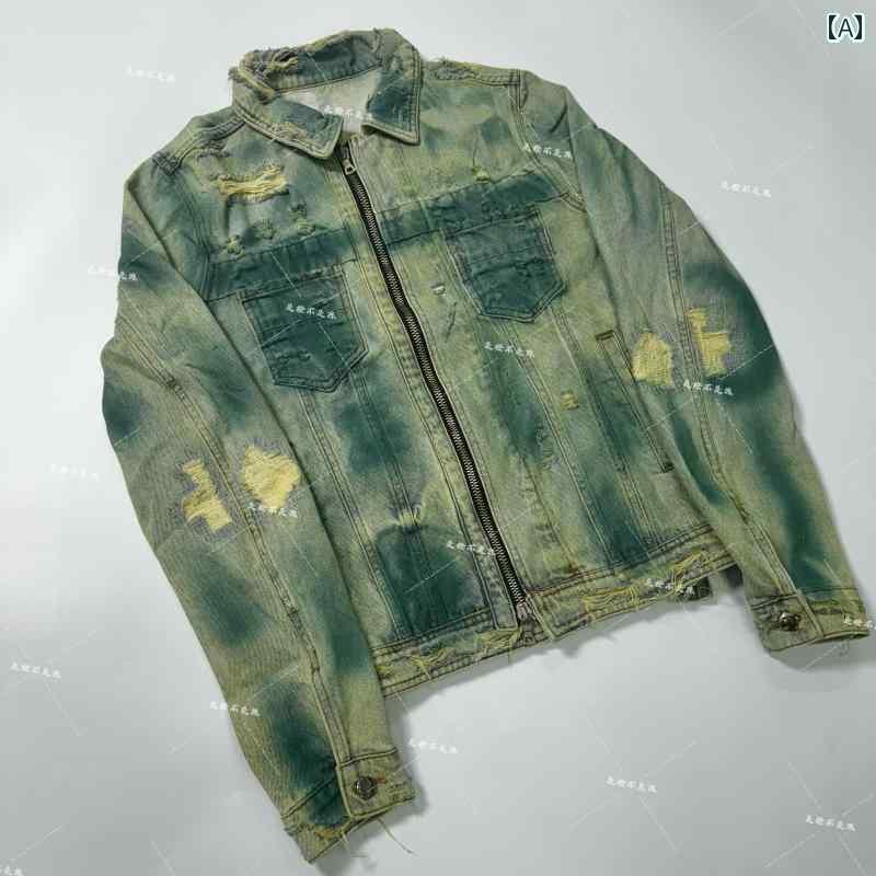 デニムジャケット シャツ メンズ オレンジの 16 SS オイルステイン ジャケット ストリート スタイル デニム アメリカン ウォッシュ ダメージ コート