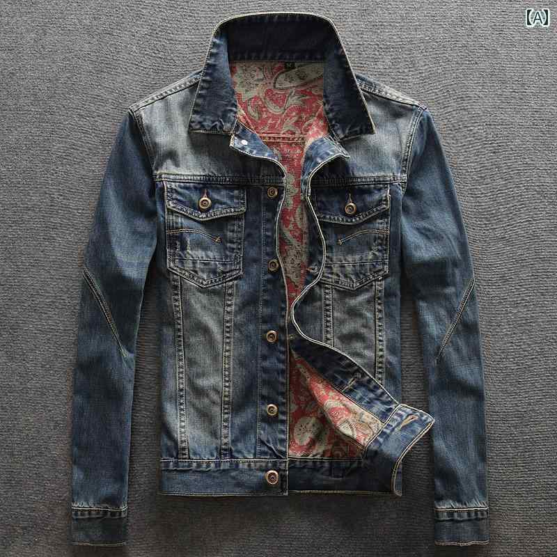 デニムジャケット シャツ メンズ メンズ 秋 デニムジャケット ショート 丈 韓国 スリム カシュー フラワー ウォッシュ 加工 ダメージ レトロ ジャケット カジュアル トップス コート｜北摂軽太郎便