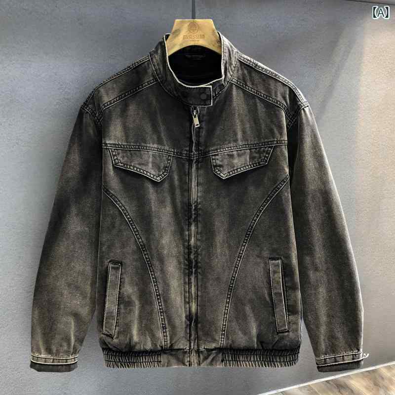デニムジャケット シャツ ストリートの ヘビー ストラクチャー ダメージ 加工の 綿 ウォッシュ アメリカン モーター サイクル デニムジャケット メンズ 秋 ワークウェア ジャケット