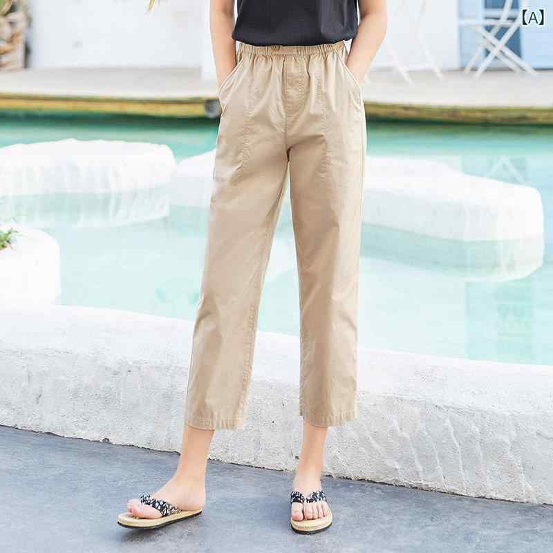 カジュアル テーパード パンツ レディース イン マン 夏の 九分丈 パンツ コットン ストレート レッグ ミドル ハイウエスト ハルオ 通勤 ウエスト ゴム キャロット｜北摂軽太郎便