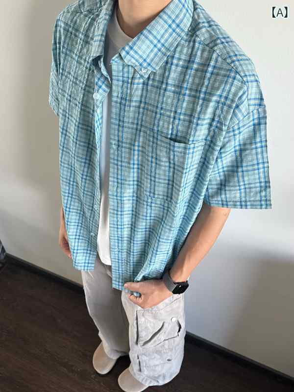 メンズ カジュアル シャツ ジャケット SellScream アメリカン サマー カジュアル チェック 半袖 通勤 シャツ 万能 レトロ ショート