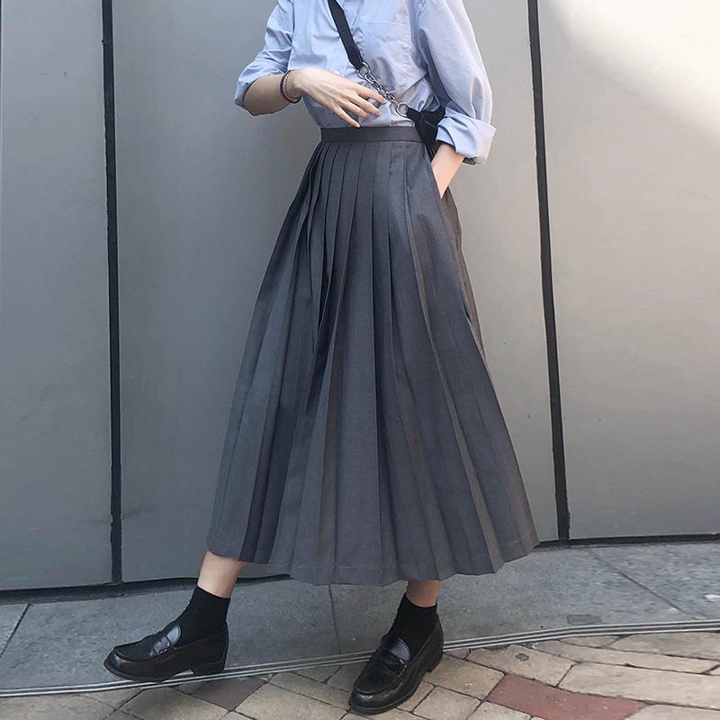 ボックス プリーツ スカート レディース プリーツ アンブレラ スカート ロング 春夏 高温 レトロ ミドル 丈 プリーツスカート グレー ポケット スーツ