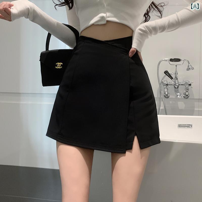事務 スカート レディース 大きいサイズ グレー スーツ スカート パンツ レディース 春夏 V 字 ハイウエスト 不規則 ファッション スリット A ヒップ ショート