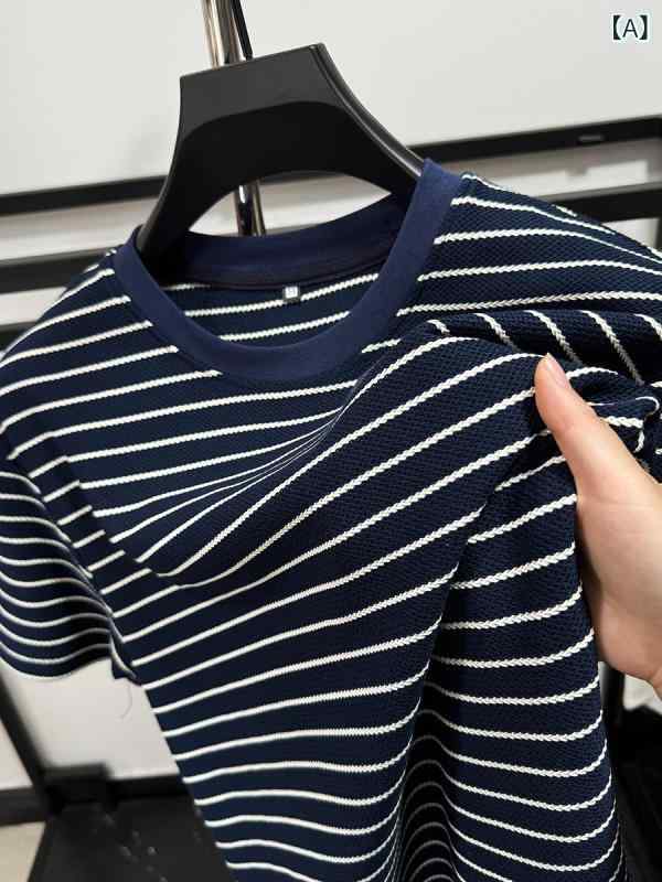 ストライプ Tシャツ メンズ 通気性の ある ボタン フラワー 半袖 Tシャツ メンズ 2025 夏の ストライプ カジュアル 服 シャツ ラウンドネック トップ