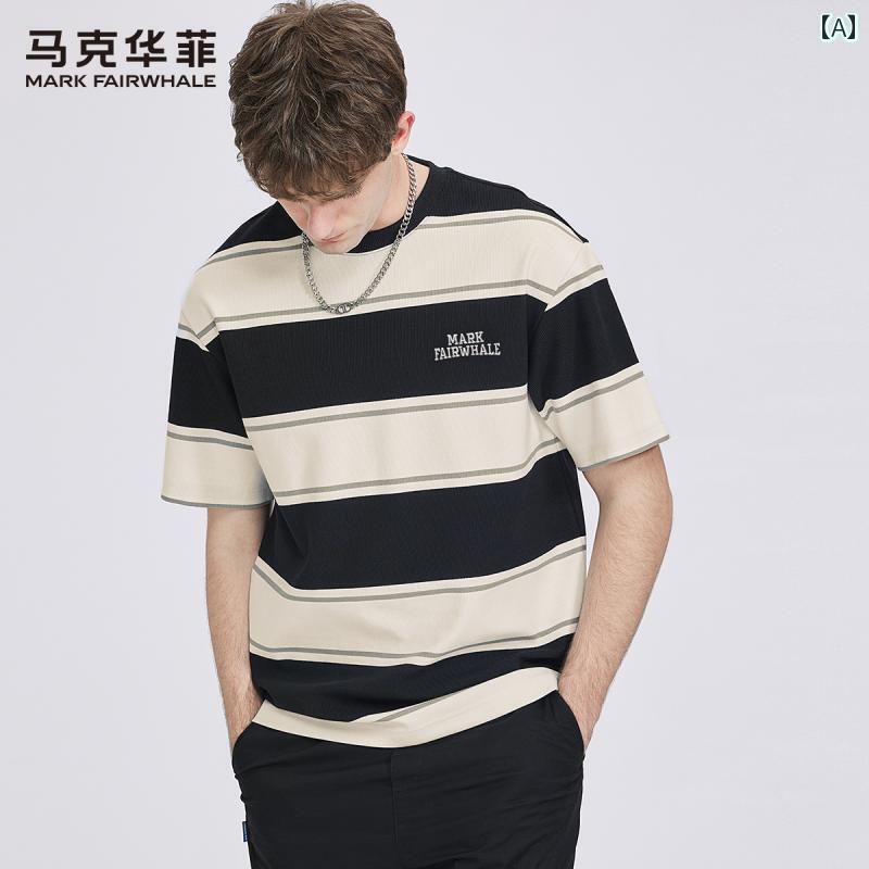 ストライプ Tシャツ メンズ 【 快適で 通気性 抜群】 マーク フェア ホエール ラウンドネック 半袖 Tシャツ メンズ 2024夏 ストライプ トップ t シャツ
