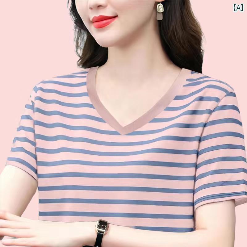 ストライプ Tシャツ レディース レディース 大きいサイズ 綿 半袖 Tシャツ 夏 2025 ゆったり ストライプ Vネック マザー トップス