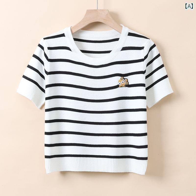 ストライプ Tシャツ レディース 半袖 ニット 薄手 冷感 Tシャツ レディース 夏 万能 トップス 韓国 ゆったり ストライプ