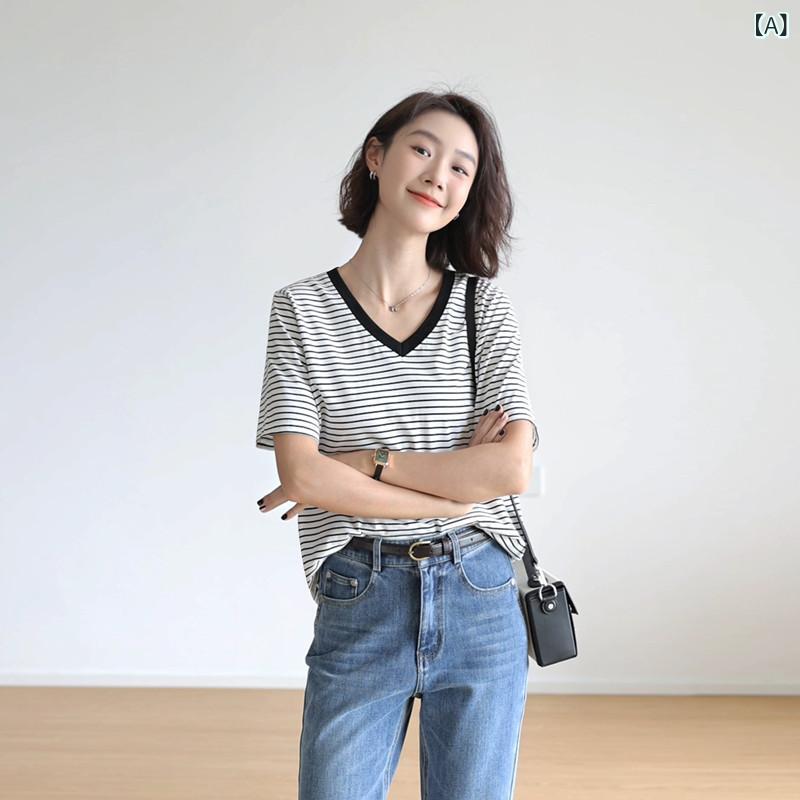 縞模様 プルオーバー レディース か細い 年歳を 感じさせにくい レトロ 綿の 縞模様 肩部 プルオーバー。 レディース 半袖 Vのど首 第一義的 プルオーバー トップス。