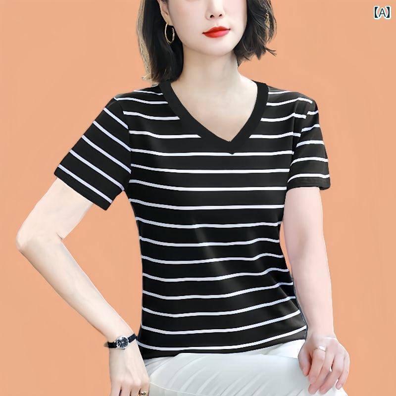 ストライプ Tシャツ レディース 2025夏 薄手 コットン 半袖 レディース ゆったり 体型カバー＆ 着 痩せ ストライプ Tシャツ トップス