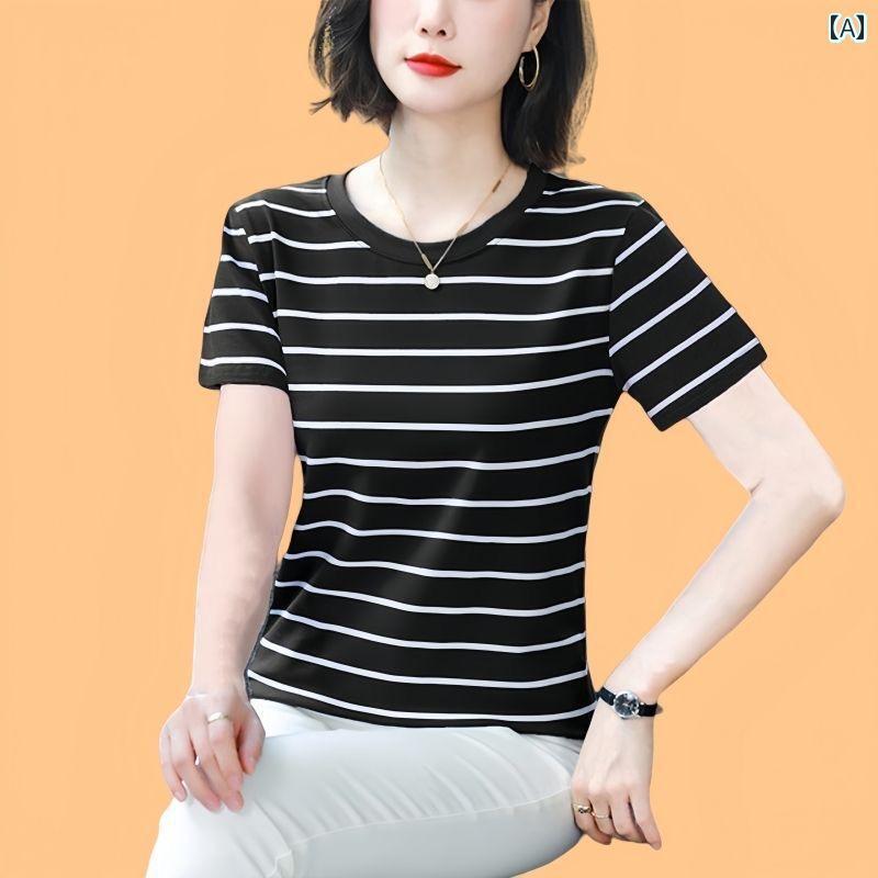ストライプ Tシャツ レディース ストレート ショルダー スリム 半袖 Tシャツ レディース 夏 2025 綿 ラウンドネック ストライプ ゆったり 大きいサイズトップス