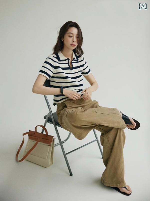 ストライプ Tシャツ レディース フレンチ コントラスト ストライプ ポロシャツ ストレート ショルダー 半袖 Tシャツ レディース サマー ショート スタイル ハイエンド Vネック ニット トップス