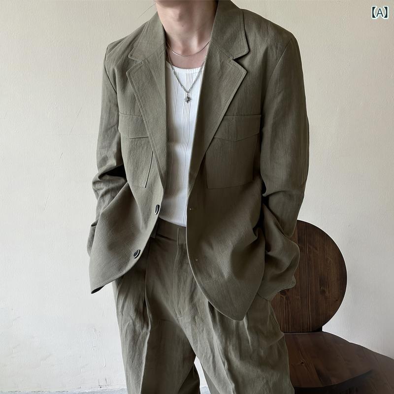スーツ ジャケット メンズ レトロ リネン カジュアル スーツ ジャケット メンズ 春秋 ワイド レッグ パンツ ハイエンド|北摂軽太郎便