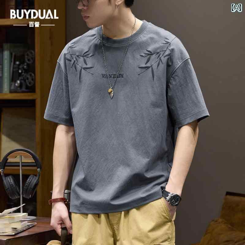 プリント Tシャツ メンズ 夏用 薄手 通気性 リネン 半袖 Tシャツ メンズ チャイナ風 竹の 葉 刺繍 トップス ゆったり ラウンドネック 冷感