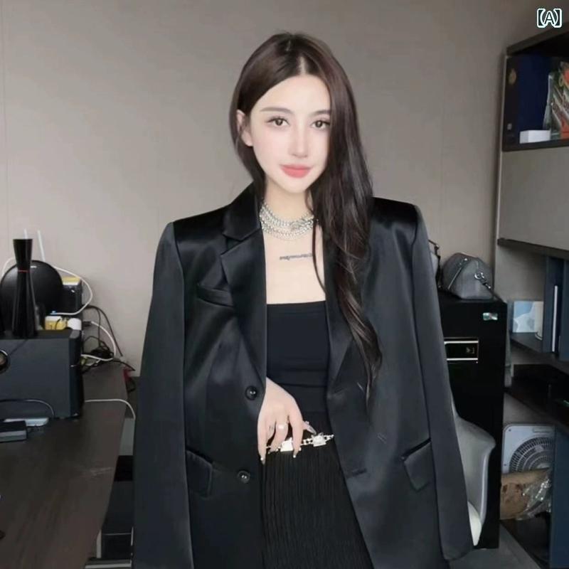 スーツ ジャケット スタイル レディース レディース サテン アセテート ブラック スーツ ジャケット 女性 社交 界 ロイヤル シスター ハイエンド 春 2025 韓国