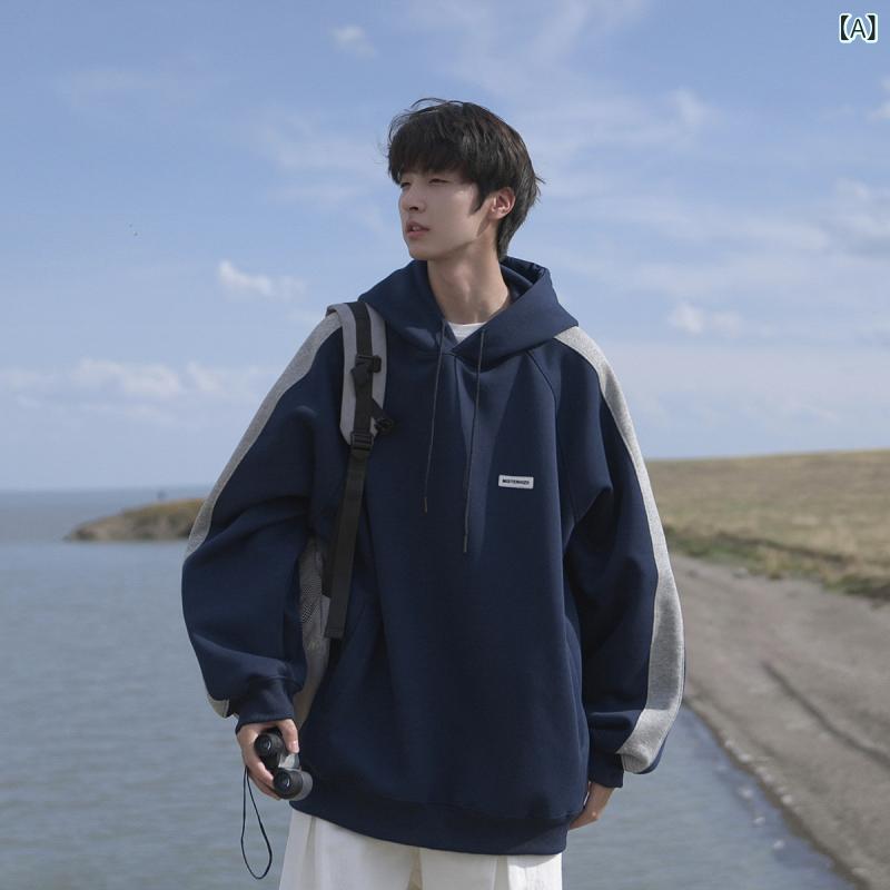 大きめ ゆったり パーカー メンズ GOGOSOON トレイナー メンズ 歳月 ボンネット付き添い人 天鵝絨 上衣 トップス 420 g ゆったり ティーシャツ 色彩設計 肩 B