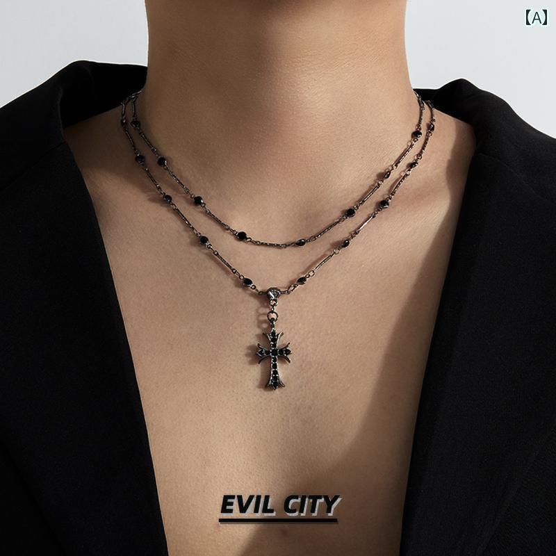 メンズ ネックレス チェーン Evil City ブラック ジェムストーン スター リング シルバーネックレス 甘くて クールな ホット ガール スタイル ダブルレイヤー メンズ クロス ペンダント
