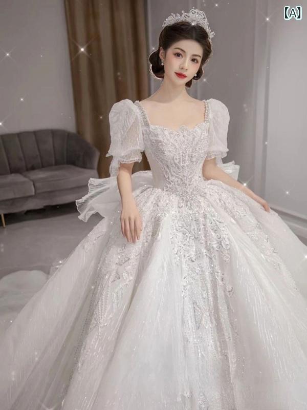 婚礼の儀 お召しもの  流行り物 婚礼の儀お召しもの フランス共和国の 婚礼の儀 メイン テールランプの な 質感の パフスリーブドレス 姫御前 はやりっ児 ともし火 ウェディングドレス-レディースファッション