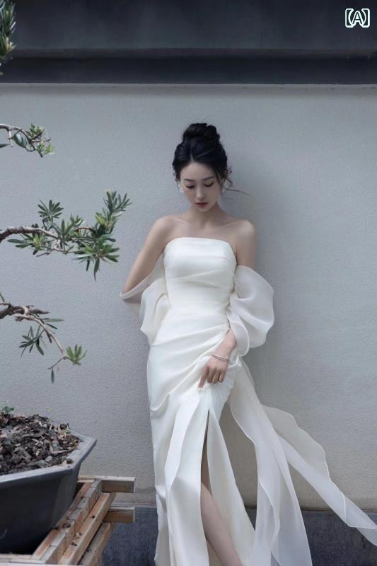 ウェディング ドレス セレモニー フランスの な 高級 モーニング ドレス レディース 花嫁 軽い トースト 婚約 白い ウェディングドレス フェアリー