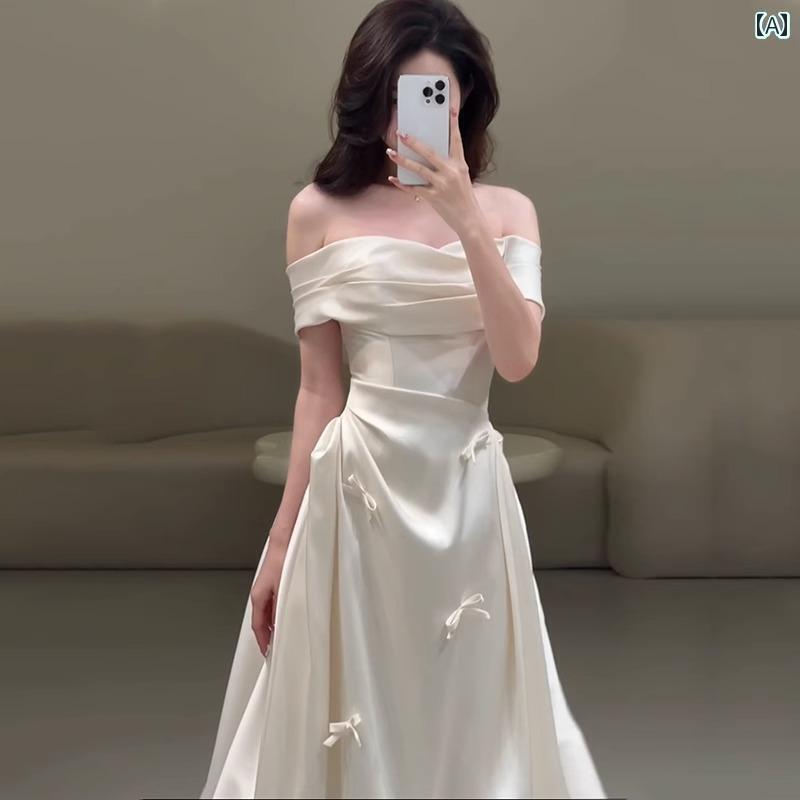 ウェディング ドレス セレモニー 軽い ウェディングドレスの 花嫁 2025 婚約 ドレスの スカートの 女性 フランスの サテン シンプルで ワンショルダーの 高級