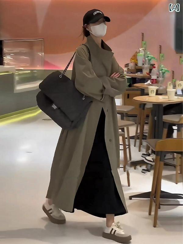 歳月 レディース トレンチコート ごく小さい ミリタリー緑であることの ロング ウィンドブレーカージャケット 亭主もち 2024 秋冬 韓国 ゆったり 表現スタイル 厚地の外套