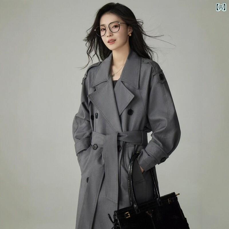 春秋 レディース トレンチコート 女性用 グレー トレンチコート 2025 春 韓国 ダブルブレスト 英国 風 スモール コート｜北摂軽太郎便