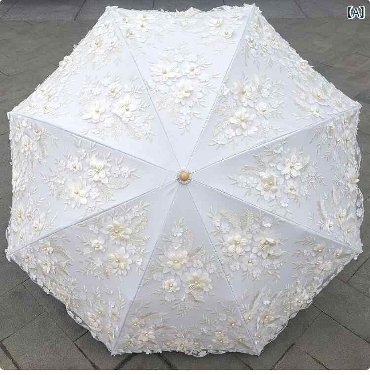 日がさ 日焼押しとどめる パウダーコンパクト パール 立体 御花 刺しゅう スピード競技 オフ 白いこと 二つ 折り ビニール 抗 UV 姫御前 日がさ 少年 コウモリ傘 傘