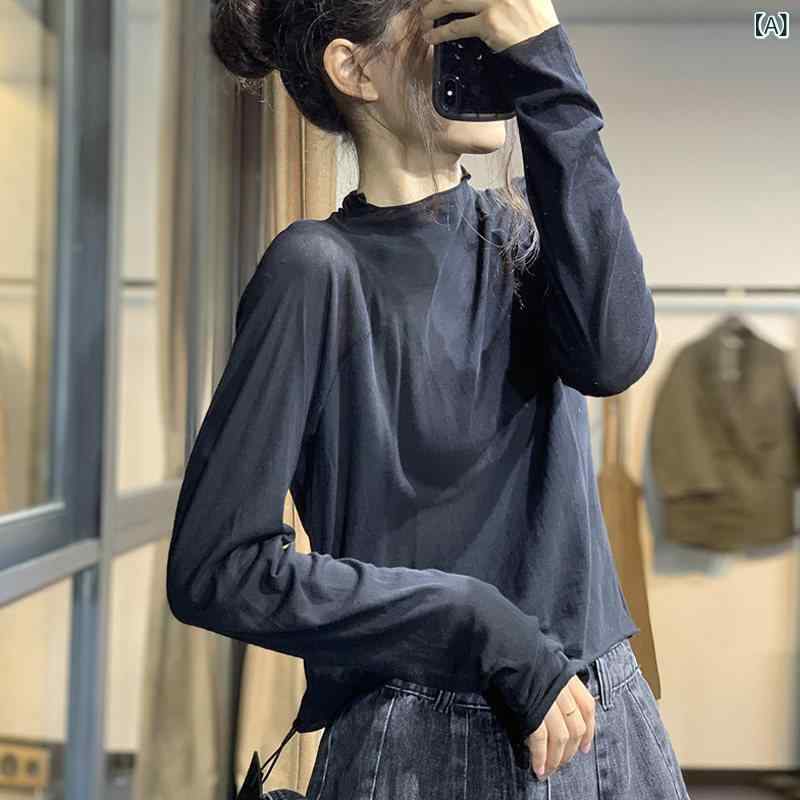 レディース トップス シンプル 無地 の 商品の 小さい シャツ 2024 初秋 黒 ゆったり 長袖 Tシャツ ハーフ タートルネック レイヤリング レディーストップス