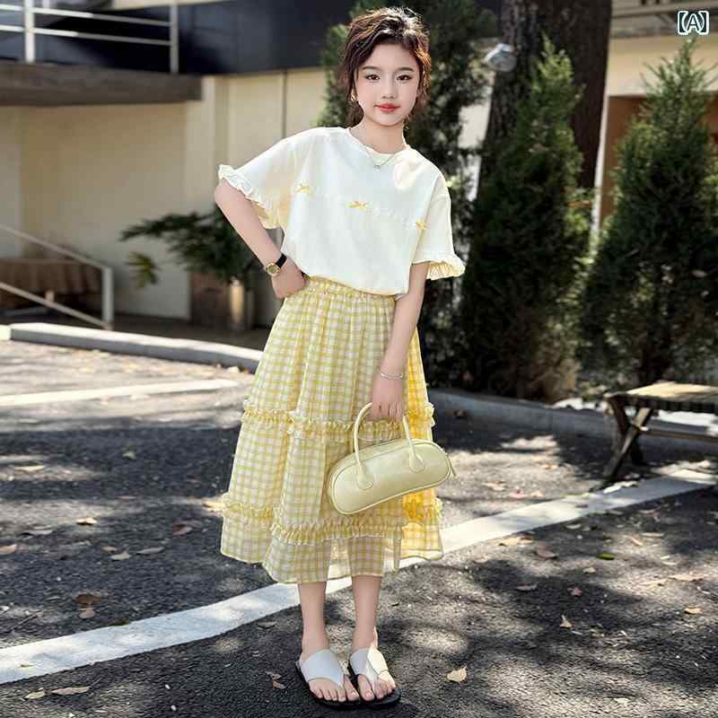 子供服 スカート カジュアル 女の子 夏の スーツ 2025 夏服 綿 サイド スリーブ Tシャツ 子供用 スカート ツーピース