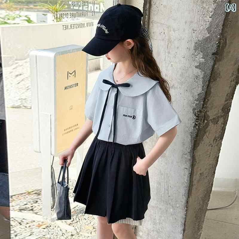 子供服 スカート カジュアル 女の子 夏の スーツ 2025 子供の な 半袖 シャツ カレッジ スカート カジュアル ツーピース