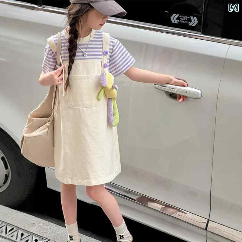 子供服 スカート カジュアル 女の子 夏の スーツ 2025 子供ので スタイリッシュな 大きい 子供の 半袖 Tシャツ フェイク ツーピース サスペンダー スカート