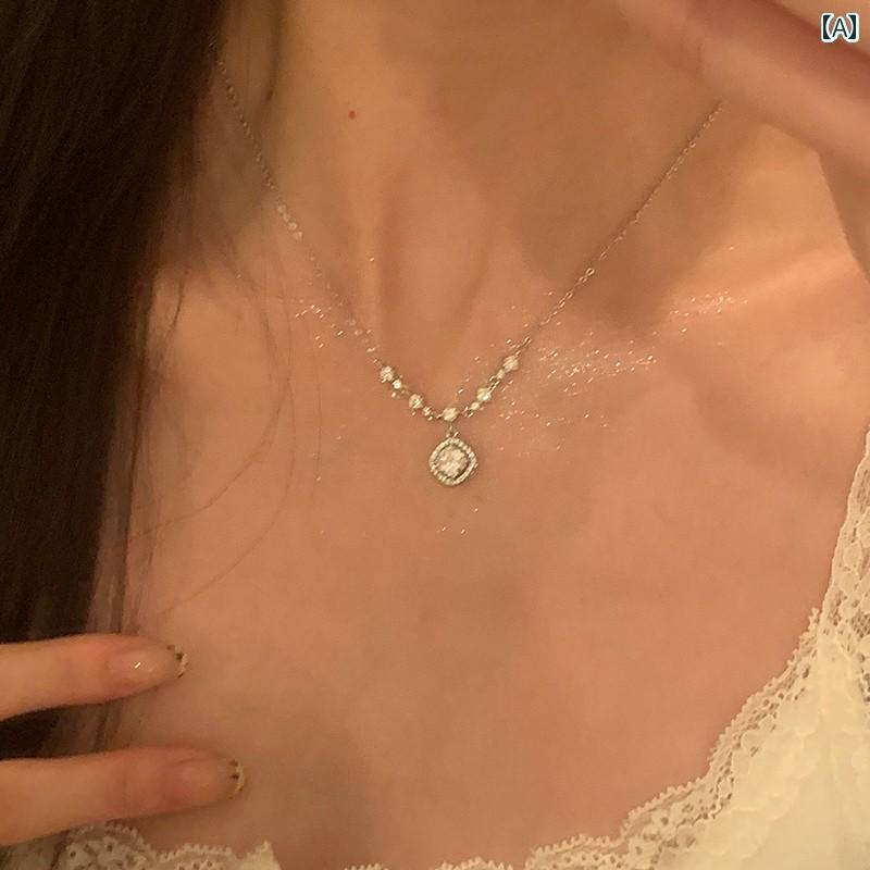レディース ネックレス チェーン ガーリー S925 スター リング シルバーの ジルコンの シュガーキューブ ネックレス アクセサリー 女性用 軽量 高級 鎖骨 4,837円