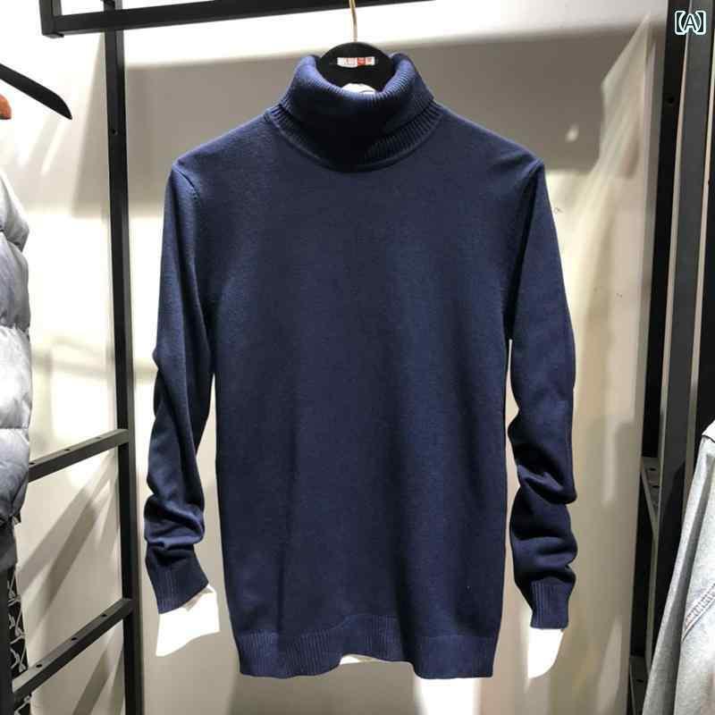 メンズ タートルネック シンプル メンズ 服 Jck Jns 秋冬 厚手 メンズ ブラック フリップアップ ハイネック 混紡 セーター ニットカーディガン