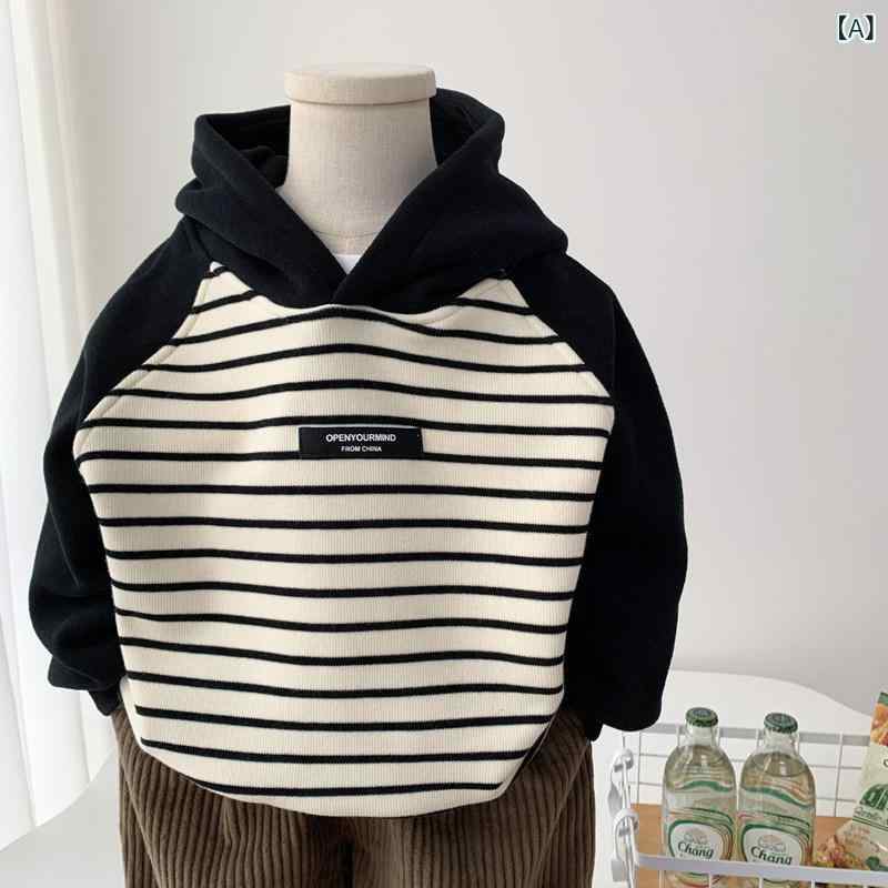 キッズ服 カジュアル パーカー 男の子用 ベルベット フード付き スウェットシャツ 秋冬用 子供用 スタイリッシュな ストライプ カジュアル トップス 小中型 ラグラン プルオーバーパーカー