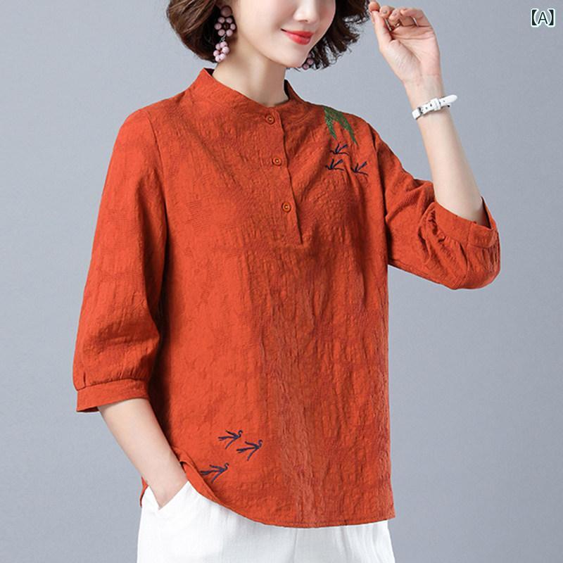 ママ カジュアル トップス レディース 女性用 綿 麻 トップス 七分袖 Tシャツ 中年 ママ 半袖 シャツ 2024夏 リネン