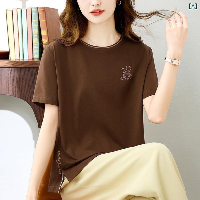 ママ カジュアル トップス レディース 2025夏の 女性用 コットン Tシャツ。 重厚な 刺繍が 施 ゆったり トップス。 万能な 半袖