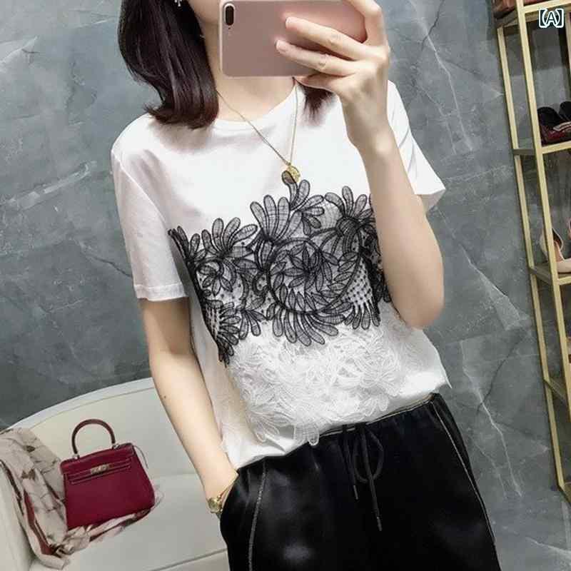 ママ カジュアル トップス レディース の 駅の 黒と 白の レースの 継ぎ 合わせの エレガントな Tシャツ 女性 2025夏の ラウンドネック 半袖 年齢を 減らす スリム トップ