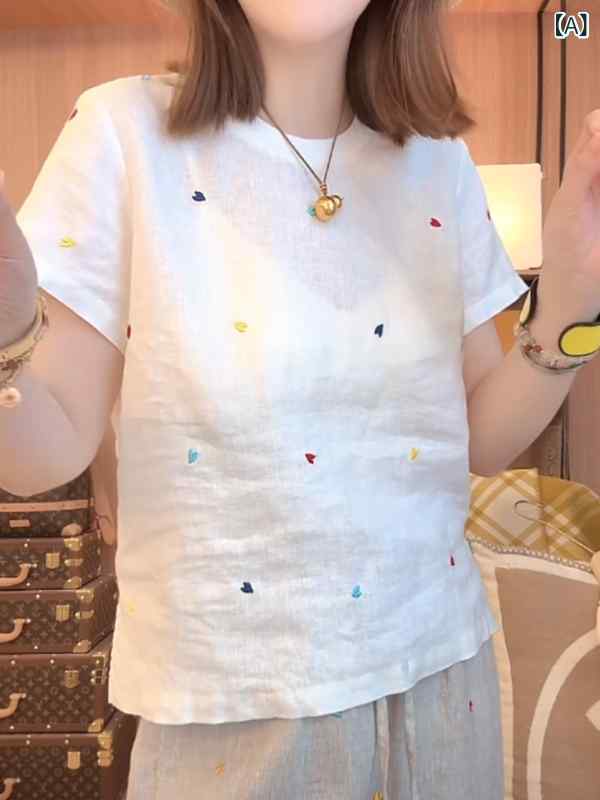 ママ カジュアル トップス レディース リネンの 小さい ハートの 刺繍が 施 ラウンドネック 半袖 Tシャツ 2025夏の 裾 スリット トップス カジュアル イン