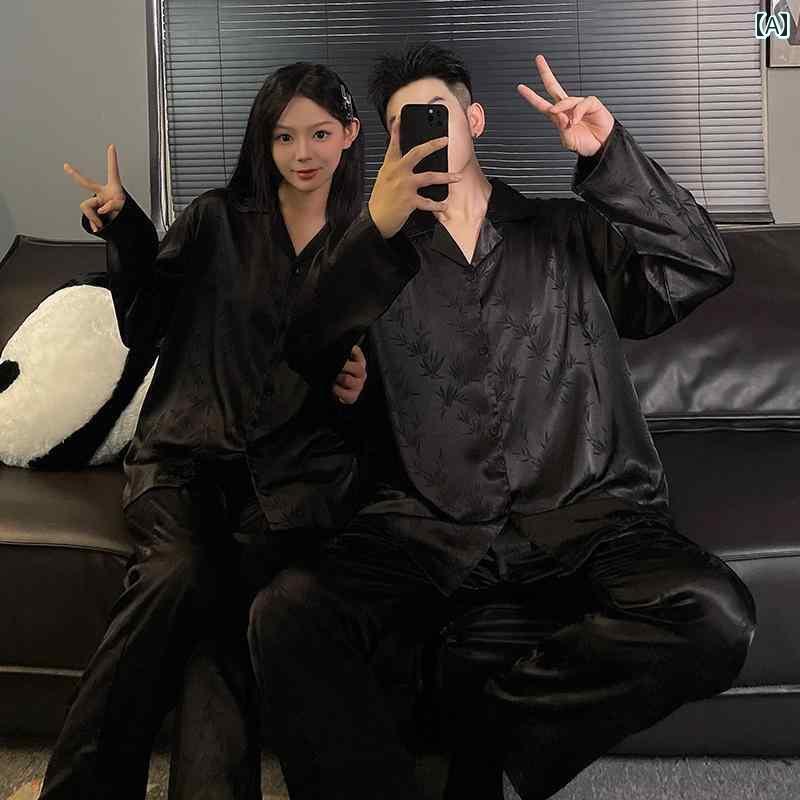 奥様 シルク インナー パジャマ カップル パジャマ 女性 春秋 冷感 チャイナ風 黒 アウターウェア メンズ 薄手 ホーム 服 スーツ 夏