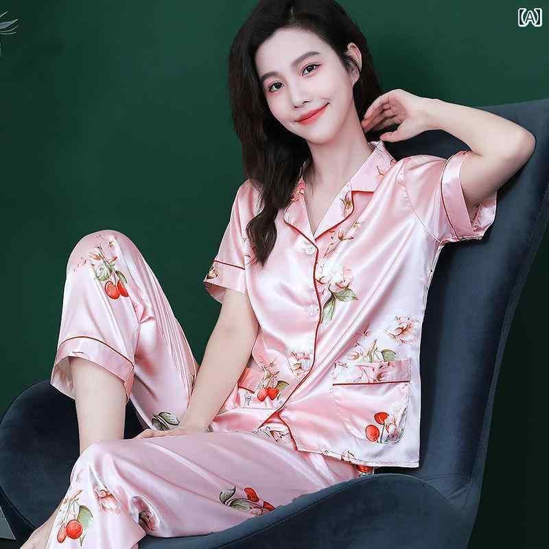 女性用 シルク インナー 薄手 パジャマ 夏の 冷感 パジャマ レディース 夏 半袖 ズボンな 薄手 シルク ホームウェア 春夏 ツーピース スーツ
