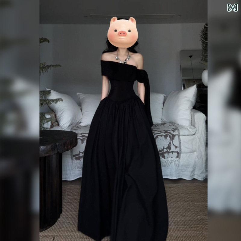 黒ドレス 大人かっこいい レディース 夏服 黒 ワンショルダー 半袖 ワンピース レディース 夏 美しい オフショルダー ロング スカート