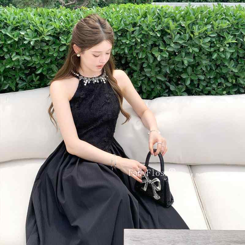 黒お召しもの 成年者かっこいい レディース FanyFloss Qianjinfeng ホルターネック 生産ライン石ころ 黒いこと 酉の方角 お召しもの パール 妃殿下 ロング