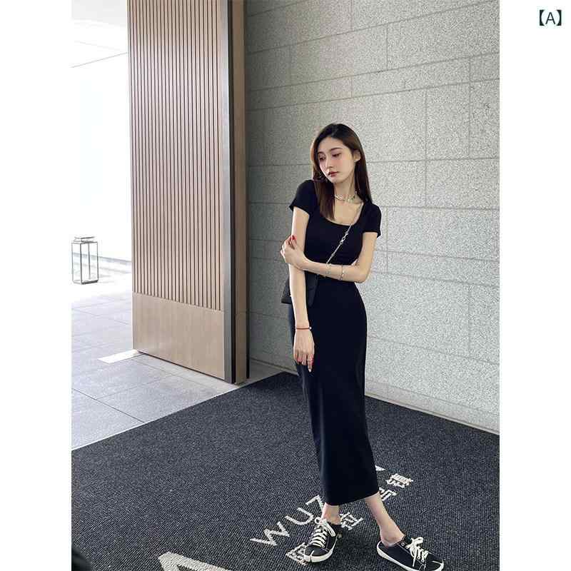 黒お召しもの 成年者かっこいい レディース 真っただ中 丈 膝上 酉の方角 天然ゴム スリミング 綿織物 引っ切り無い 心地よい ラウンドのど首 半袖 プルオーバー レディース 夏